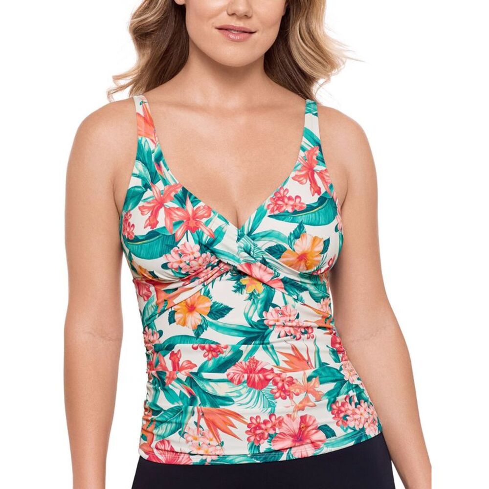 Swim Solutions Womens Crossover Shirred Tankini Top 12 White/Multi - NWT